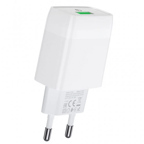 Мережевий зарядний пристрій HOCO C72Q Glorious single port QC3.0 charger 18W White (6931474732514) (20206) - изображение 3