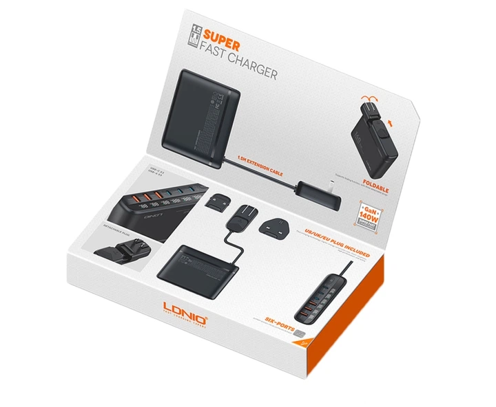 Сетевое зарядное устройство LDNIO A6140C с LED дисплеем 3 x USB, 3 x Type-C, технология GaN,PD3.0 140W/QC4.0 Черный - изображение 5