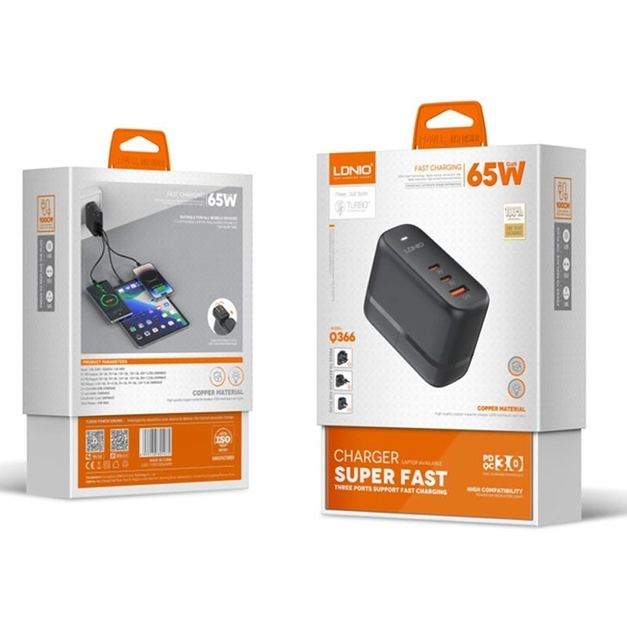 Сетевое зарядное устройство LDNIO Q366 1 x USB/2 x Type-C, технология GaN, PD3.0 65W/QC4.0 с Type C-Type C кабелем Черный - изображение 4