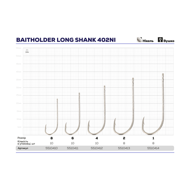Гачок ZEOX Baitholder Long Shank 402NI №2(8шт) - Фото 3 Гачок ZEOX Baitholder Long Shank 402NI №2(8шт) - зображення 3