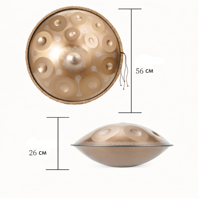 Золотой хэндпан (handpan) D Minor (ре минор) 12 нот 55 см с мандалами - изображение 3