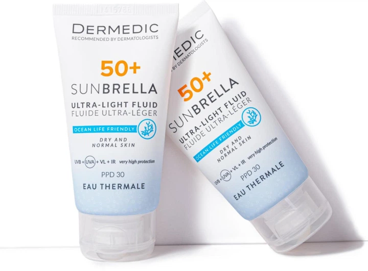 Ультралегкий защитный флюид Dermedic Sunbrella SPF 50+ для сухой и нормальной кожи 40 мл (5901643177546) - Фото 3 Ультралегкий защитный флюид Dermedic Sunbrella SPF 50+ для сухой и нормальной кожи 40 мл (5901643177546) - изображение 3