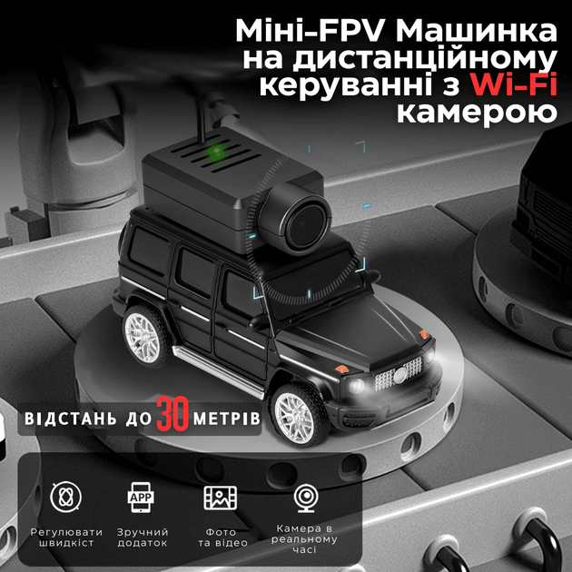 Радиоуправляемая Мини FPV Машинка Мерседес с Камерой на Крыше 720P, Прямой FPV-Трансляцией на Телефон, Wi-Fi Управлением, LED-Подсветкой и Аккумулятором, Чёрный — Гелендваген 1:64 - изображение 2
