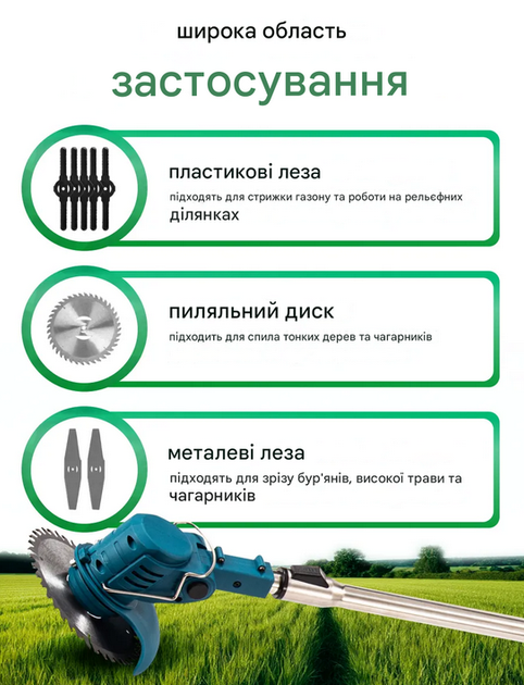 Газонокосилка аккумуляторная электрическая ручная 12V, садовый триммер для травы и газона 18000 об/мин, 2 аккумулятора 2000 мА·ч, подставка с колесами, голубой - изображение 4