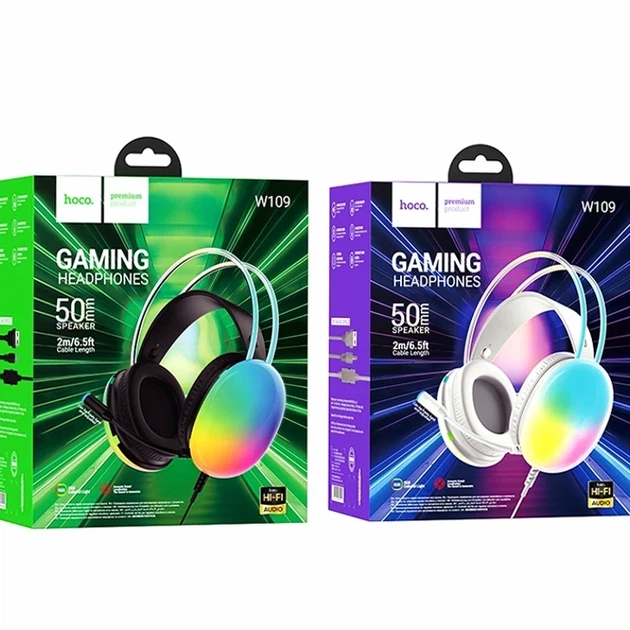 Игровые наушники Hoco W109 Rich 50мм USB 3.5mm черный для геймеров с RGB подсветкой и микрофоном - Фото 2 Игровые наушники Hoco W109 Rich 50мм USB 3.5mm черный для геймеров с RGB подсветкой и микрофоном - зображення 2