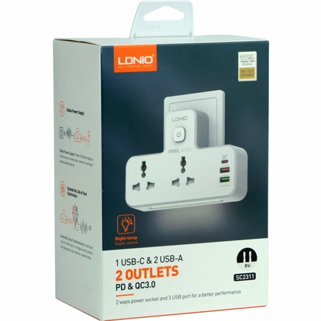 Мережевий перехідник із нічником 20Вт 2USB 1Type-C 2 розетки 100-250V білий LDNIO SC2311 - Фото 2 Мережевий перехідник із нічником 20Вт 2USB 1Type-C 2 розетки 100-250V білий LDNIO SC2311 - зображення 2