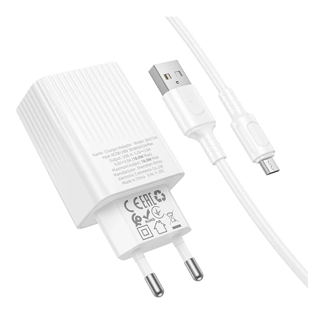 Сетевое зарядное устройство 18W USB QC3.0 100-240V Micro-USB Borofone BAS72A белый - Фото 5 Сетевое зарядное устройство 18W USB QC3.0 100-240V Micro-USB Borofone BAS72A белый - изображение 5
