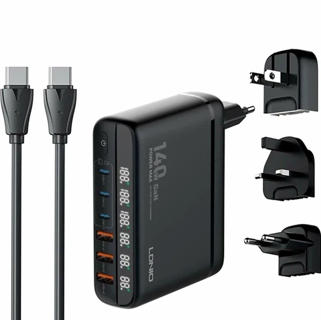 Сетевое зарядное устройство 140W 6 USB разъемов LED дисплей черный LDNIO A6140C GaN - изображение 2