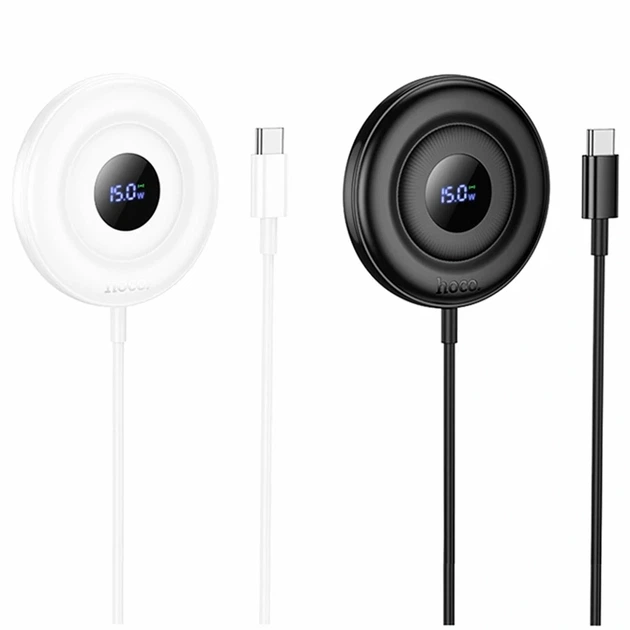 Беспроводное зарядное устройство 15W LED дисплей Type-C магнитное Hoco CW61 белый - изображение 2