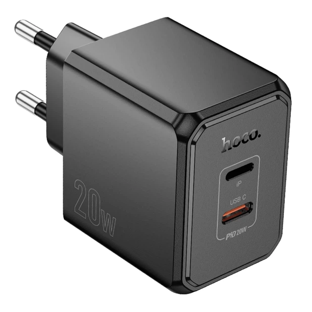 Мережевий зарядний пристрій Hoco CS16A 20W 1USB-C 1Lightning чорний для швидкого заряджання 100-240V - зображення 3