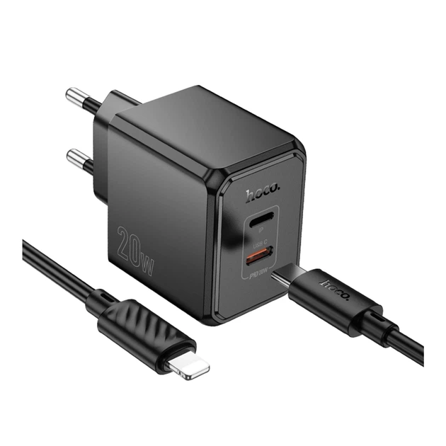 Мережевий зарядний пристрій Hoco CS16A 20W 1USB-C 1Lightning чорний для швидкого заряджання 100-240V - зображення 8