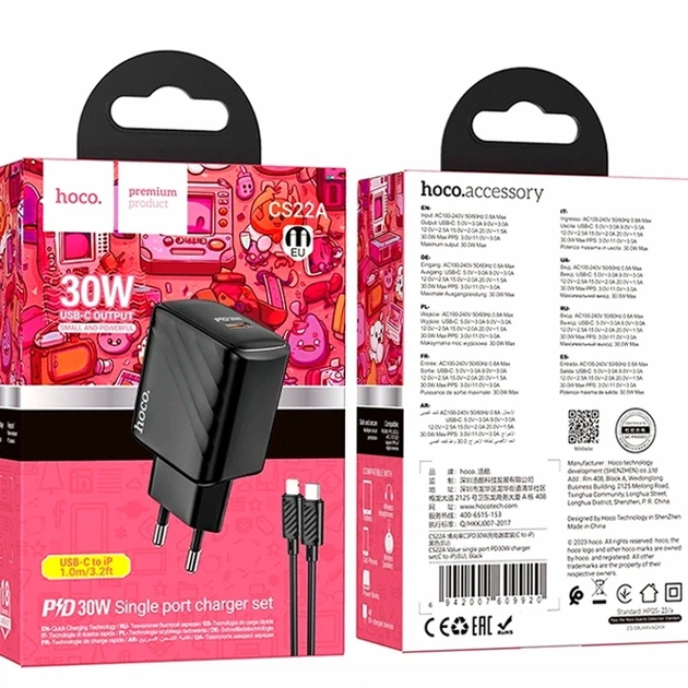 Мережевий зарядний пристрій Hoco CS22A 30W 1USB-C Type-C to Lightning чорний для швидкого заряджання гаджетів - зображення 2