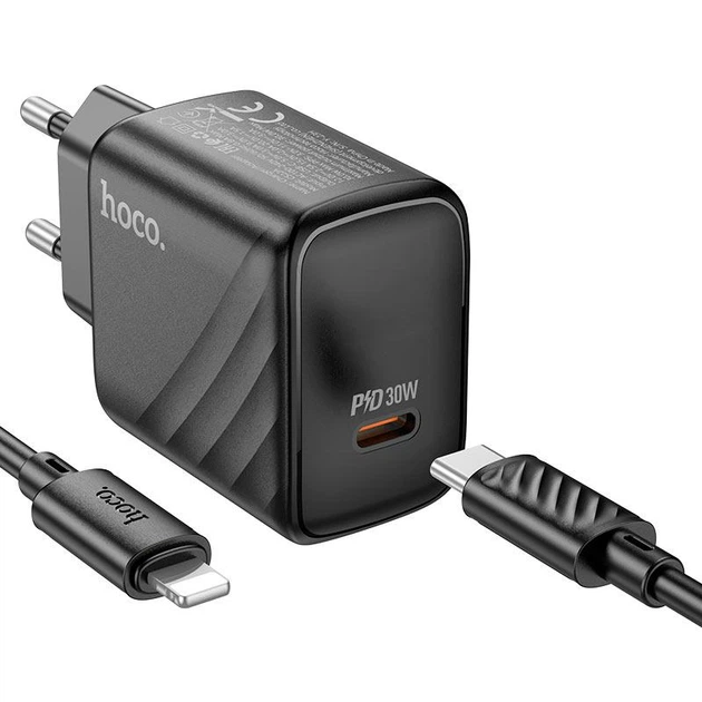 Мережевий зарядний пристрій Hoco CS22A 30W 1USB-C Type-C to Lightning чорний для швидкого заряджання гаджетів - зображення 3