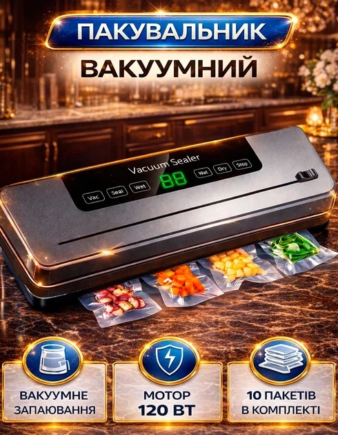 Вакуумний пакувальник для продуктів з LED-дисплеєм та вбудованим різаком для сухих/вологих харчових продуктів 120 Вт FKJ-5100 кухонний+10 пакетів. Сріблястий. - зображення 3