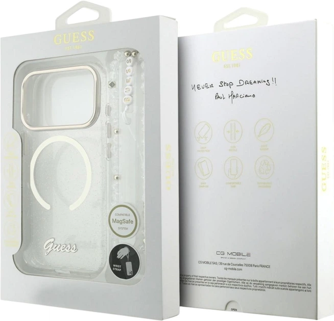 Etui Guess IML Glitters Script Strap MagSafe do Apple iPhone 17 Pro Max Transparent (GUHMP17X5HTGSMSH) - obraz 8