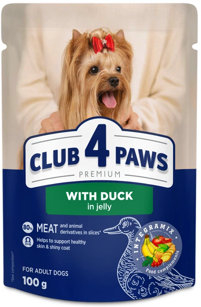 Упаковка вологого корму для дорослих собак мініатюрних та малих порід Club 4 Paws Преміум Шматочки з качкою в желе 0.1 кг х 24 шт - Фото 2 Упаковка вологого корму для дорослих собак мініатюрних та малих порід Club 4 Paws Преміум Шматочки з качкою в желе 0.1 кг х 24 шт - зображення 2