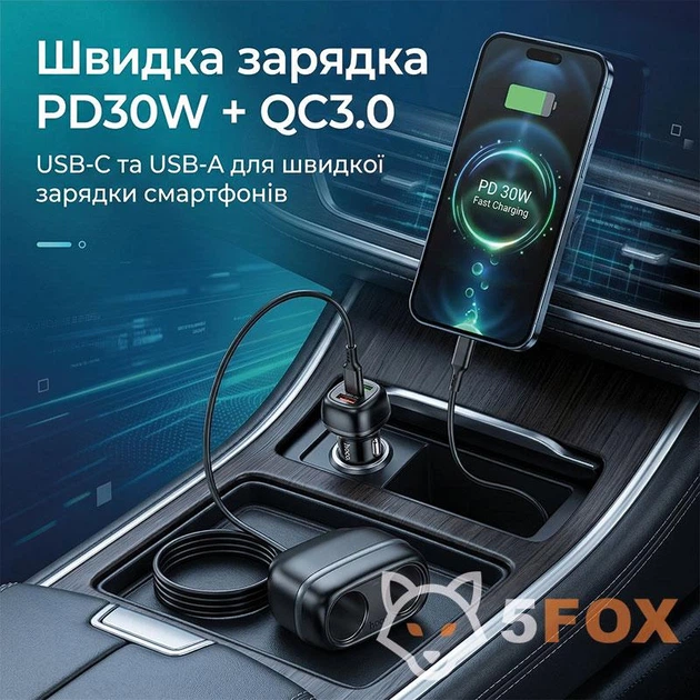 Разветвитель прикуривателя для авто на 2 гнезда Hoco Z59 |1USB/1Type-C/2 port 240W, PD30W/QC| Автомобильное зарядное устройство - изображение 5