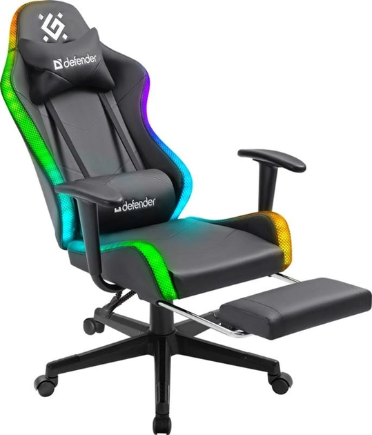 Геймерское кресло Defender Watcher полиуритановое с RGB подсветкой и подножкой (Черное) - изображение 3