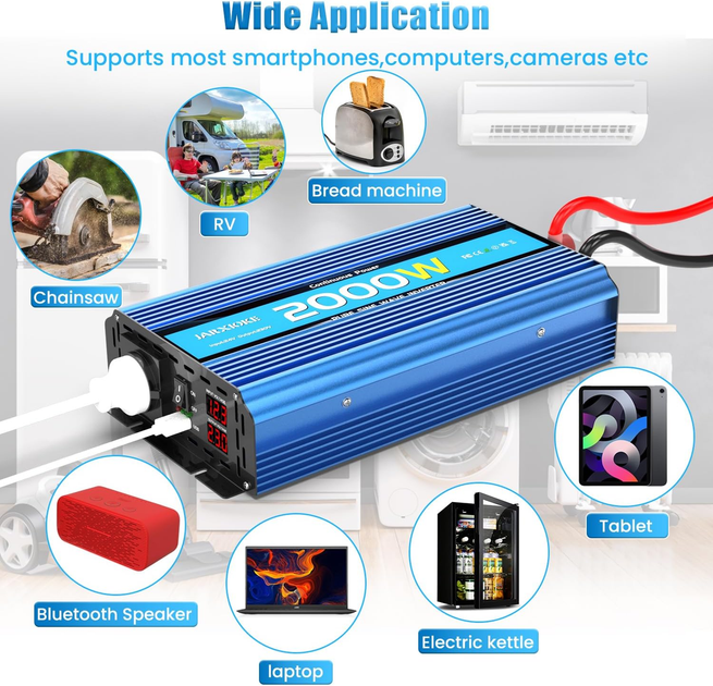 Инвертор 2200W с чистой синусоидой 2000W, преобразователь напряжения 12В - 230В с 2 розетками переменного тока, USB портами - изображение 5