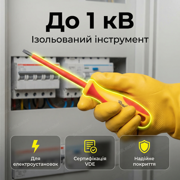 Викрутка Bradas 3/100 мм 1 кВ шліцевий стержень ізольована плоска магнітна діелектрична - Фото 6 Викрутка Bradas 3/100 мм 1 кВ шліцевий стержень ізольована плоска магнітна діелектрична - зображення 6