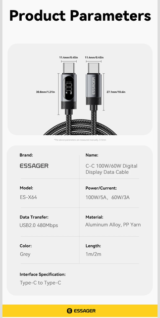 Кабель Essager 100W EXCTT1-ML0G-P Type-C – Type-C 1м з дисплеєм, PD 5A, E-Marker чип, швидка зарядка, USB-C - Фото 2 Кабель Essager 100W EXCTT1-ML0G-P Type-C – Type-C 1м з дисплеєм, PD 5A, E-Marker чип, швидка зарядка, USB-C - зображення 2