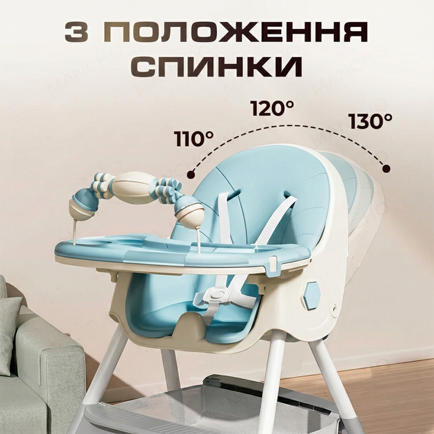 Детский стульчик трансформер 2в1 со столиком для кормления детей с регулируемой спиной и высотой на колесиках Голубой - Фото 2 Детский стульчик трансформер 2в1 со столиком для кормления детей с регулируемой спиной и высотой на колесиках Голубой - изображение 2