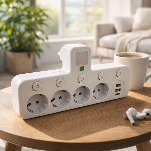 Мережевий фильтр на 4 розетки з USB та Type-C 2500W, Білий - зображення 2