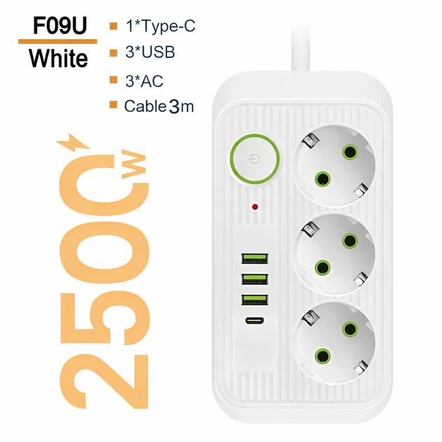 Мережевий фільтр подовжувач Power Socket 2.85м, 3 розетки + USB порти, Білий - зображення 7