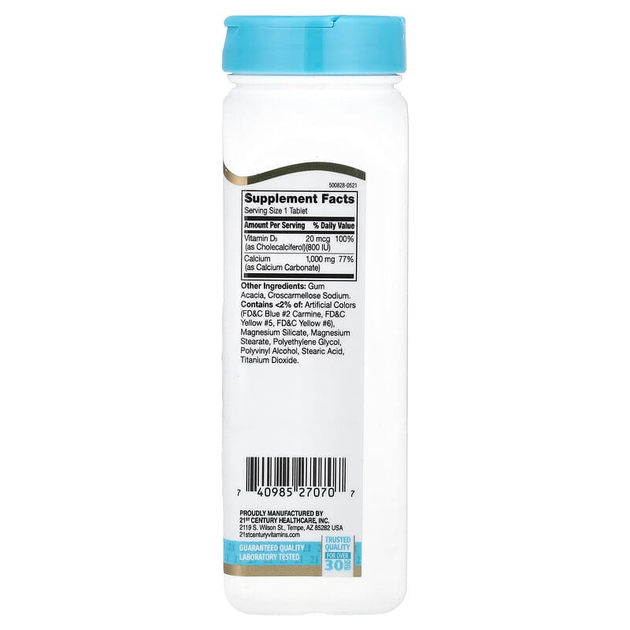 Кальций с витамином D3, 21st Century "Calcium Plus D3" 1000 мг, 800 МЕ (90 таблеток) - изображение 2