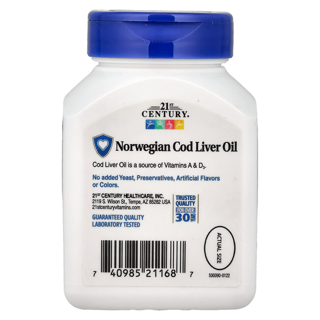 Жир из печени норвежской трески 21st Century "Norwegian Cod Liver Oil" с витаминами A и D, 400 мг (110 гелевых капсул) - изображение 2