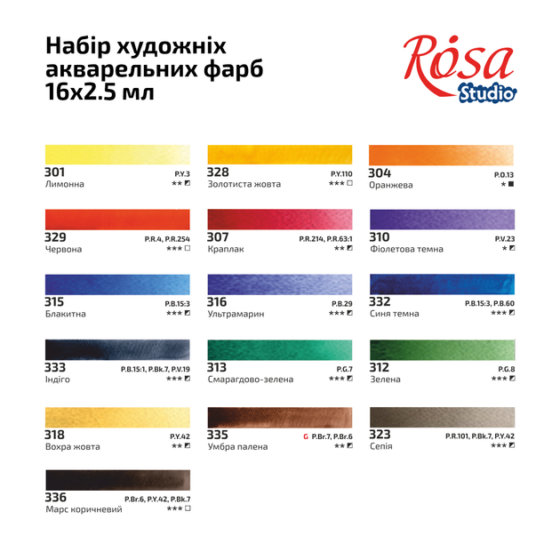 Набір акварельних фарб ROSA Studio PLEIN AIR, 16x2,5 мл, кювети, картонна упаковка - зображення 6