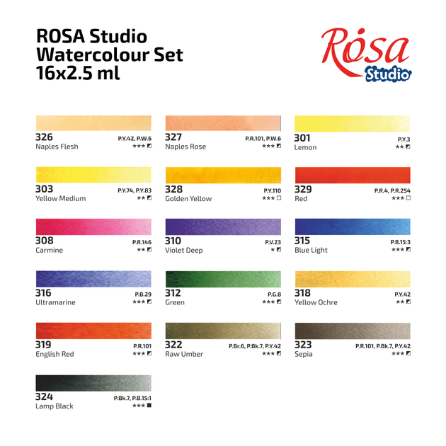 Акварель художественная в наборе Rosa Studio, 16 цветов по 2,5 мл., кюветы, картонный пенал, (3405003) - изображение 5