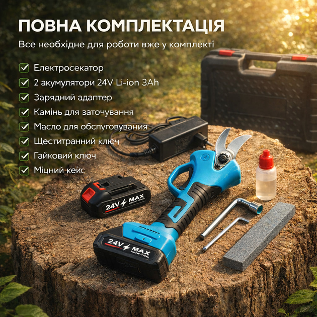 Электросекатор аккумуляторный 24V FML-3 садовые ножницы для обрезки веток до 32мм, аккумуляторный секатор в кейсе + 2 Li-Ion аккумуляторы 3 Ач, беспроводной садовый инструмент для сада и дачи, профессиональный кусторез с прорезиненной ручкой синий - изображение 3