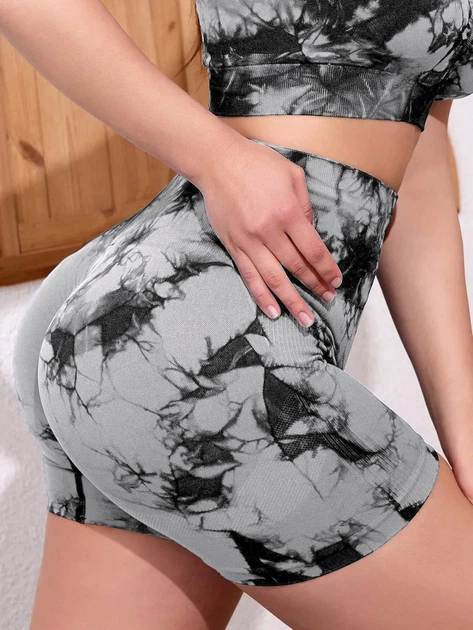 Шорты с пуш ап спортивные женские для фитнеса, бесшовные, Tie-Dye, (светло-серый), S - изображение 7