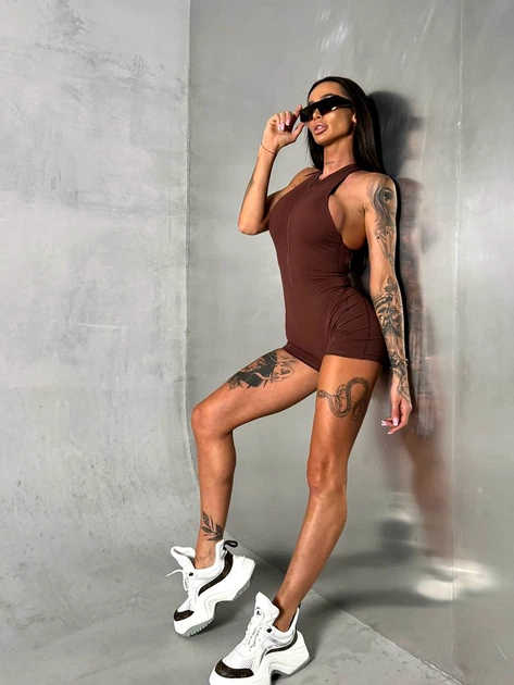 Женский спортивный комбинезон для фитнеса на молнии шортиками, Shadow Fit, (шоколад), S - изображение 5