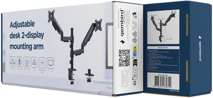 Uchwyt biurkowy Gembird Double Monitor 17-32" Black (MA-DA2P-02) - obraz 5