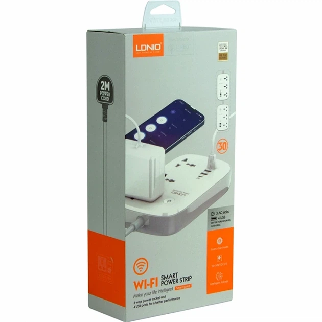 Сетевой удлинитель LDNIO SCW3451 3 порта 30W 2 метра 100-250V USB Type-C белый - изображение 2