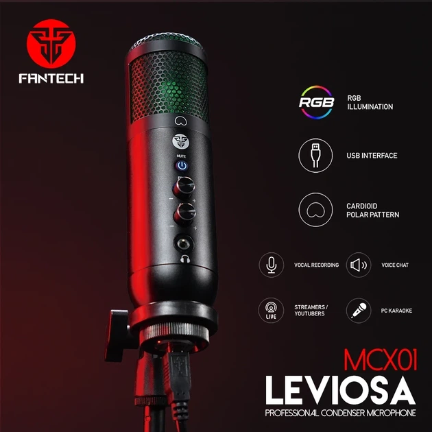 Микрофон Fantech MCX01 Leviosa USB-B черный конденсаторный с кардиоидной направленностью и POP-фильтром - Фото 6 Микрофон Fantech MCX01 Leviosa USB-B черный конденсаторный с кардиоидной направленностью и POP-фильтром - изображение 6