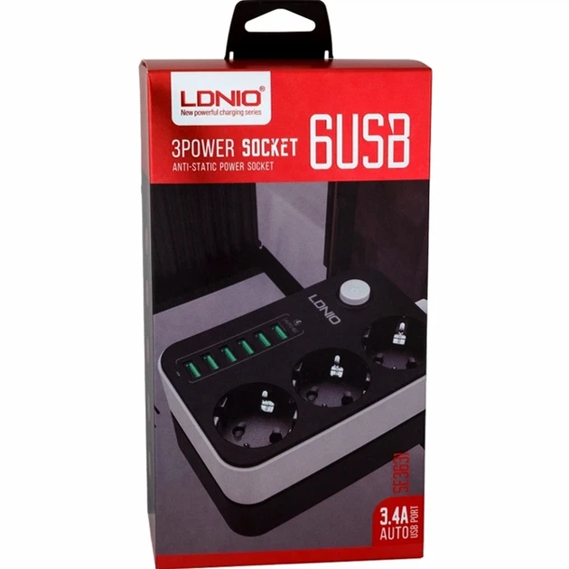 Мережевий подовжувач 6USB 3.4A 3 розетки довжина кабелю 1.6 м чорний LDNIO SE3631 - зображення 2