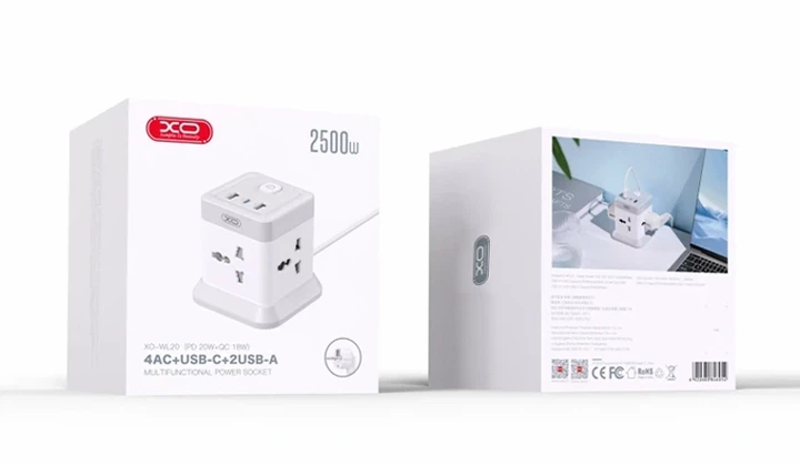 Подовжувач мережі 2500 Вт 2 м 4AC 3 USB Type-C білий XO WL20 - зображення 2