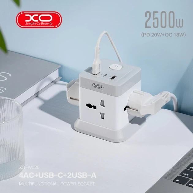 Подовжувач мережі 2500 Вт 2 м 4AC 3 USB Type-C білий XO WL20 - зображення 6
