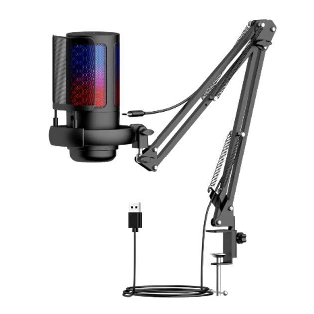 Мікрофон для стриму з USB та RGB підсвічуванням чорний ME6S-35-RGB з шумозаглушенням на струбціні - Фото 3 Мікрофон для стриму з USB та RGB підсвічуванням чорний ME6S-35-RGB з шумозаглушенням на струбціні - зображення 3