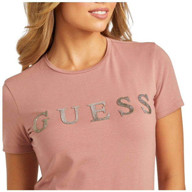 Жіноча футболка Guess (7626741011384) Pepper Metallic Logo M коричнева (чайна троянда) - Фото 3 Жіноча футболка Guess (7626741011384) Pepper Metallic Logo M коричнева (чайна троянда) - зображення 3