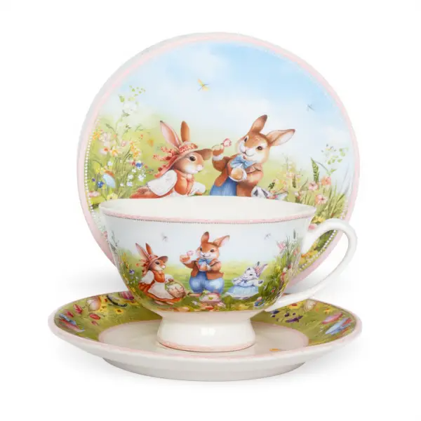 Чашка фарфоровая для чая и кофе Rabbit Family 200 мл с блюдцем чайная кофейная подарочная с кроликом в пасхальном стиле Yiwu - изображение 2