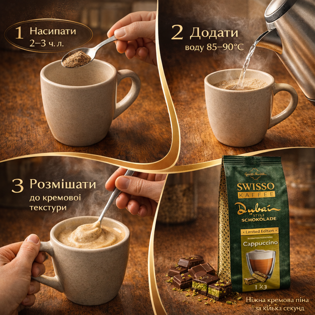 Капучино Swisso Cappuccino Schokolade in Dubai-Style зі смаком Дубайський шоколад 1 кг - зображення 3