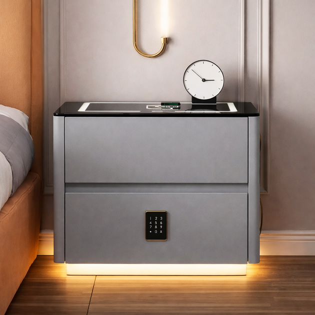 Розумна приліжкова тумба QYJXF02 з вбудованим кодовим сейфом, Bluetooth-колонкою і USB, сенсорна підсвітка, екошкіра, сіра - зображення 3