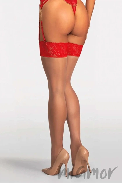 Чулки под пояс с красной коронкой Obsessive Matildea L/XL Natural/red - Фото 2 Чулки под пояс с красной коронкой Obsessive Matildea L/XL Natural/red - изображение 2