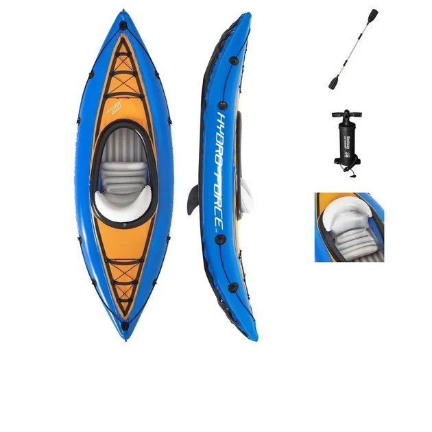 Одноместная надувная лодка-байдарка Bestway 65115 с ножным насосом и веслами 275 x 81 см Синяя - изображение 3