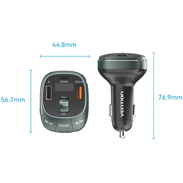 Автомобільний FM-трансміттер Vention PD 54W 3-Port USB (C+A+A) LED/USB Flash/Bluetooth, вольтметр - изображение 5