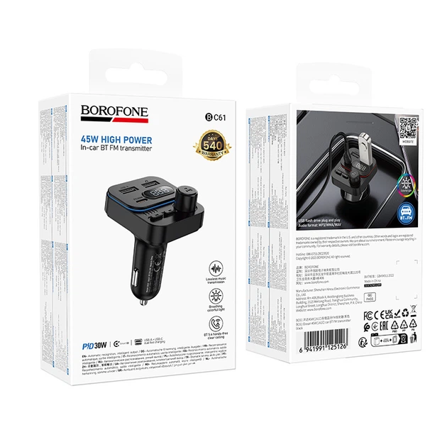 АЗП з FM-модулятором BOROFONE BC61 Ocean 45W(1A1C) car BT FM transmitter Black (6941991125126) - изображение 2